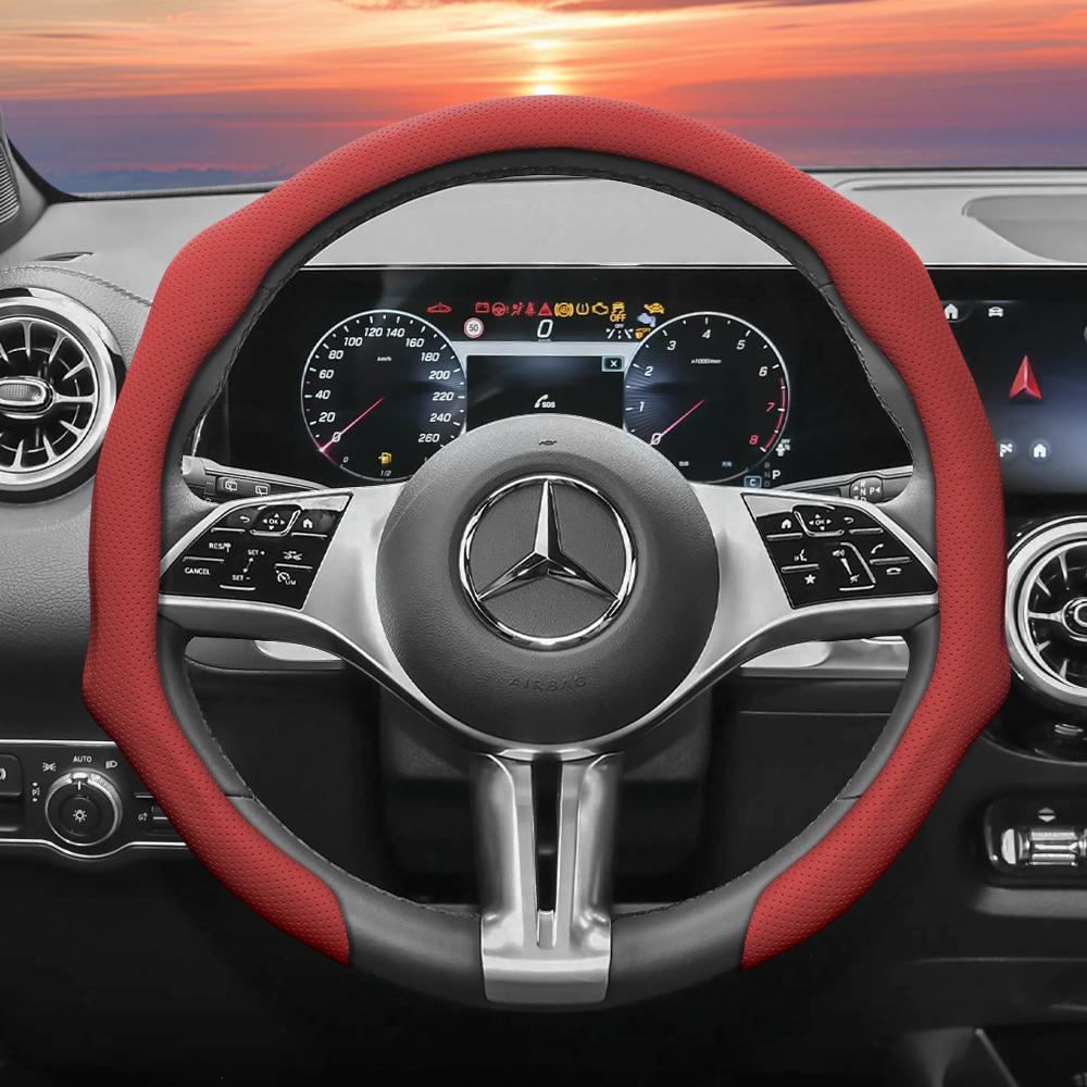 Suitable for Mercedes-Benz Perforated Leather Steering Wheel Cover, Non-Slip, Sweat-Absorbent, Breathable, Integrated Protective Case V 