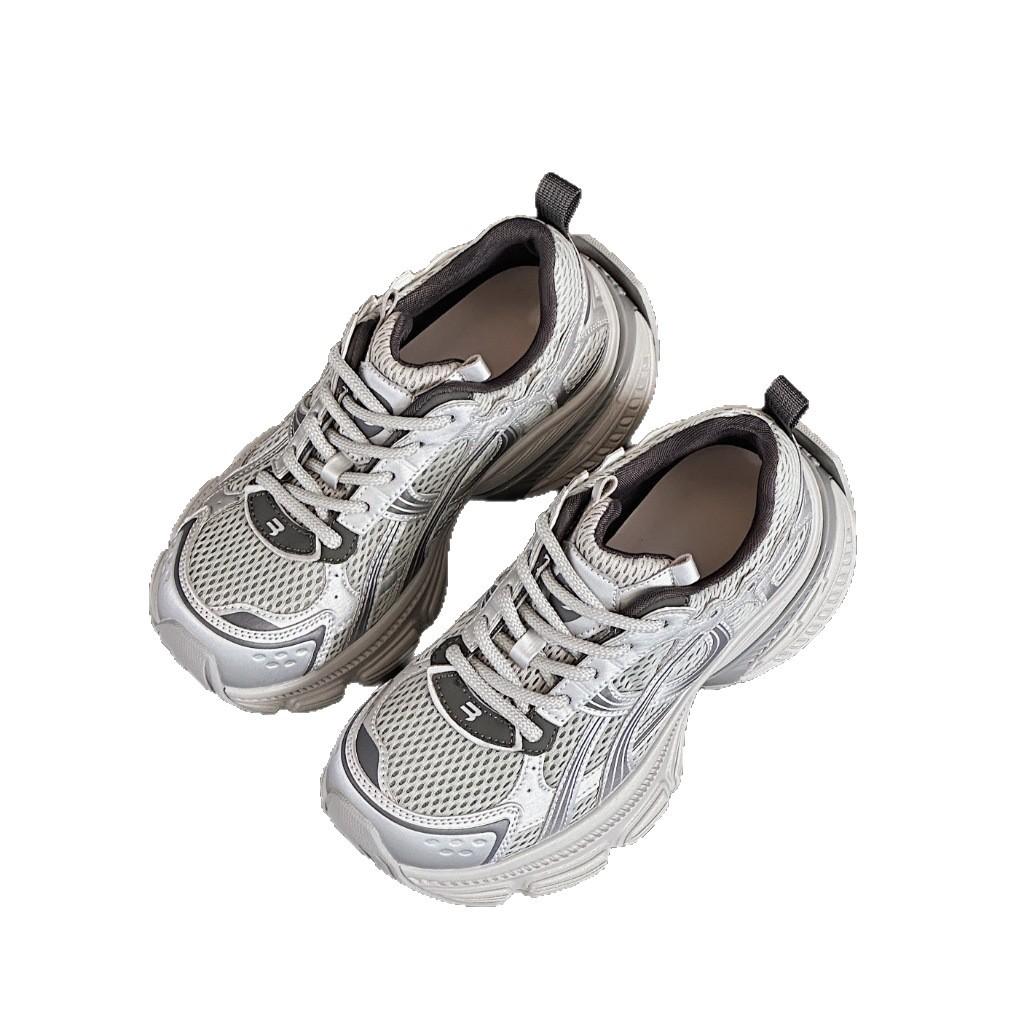 European thick-soled dad shoes for women 2025 autumn new leather mesh lightweight height increase casual sports shoes ins tide