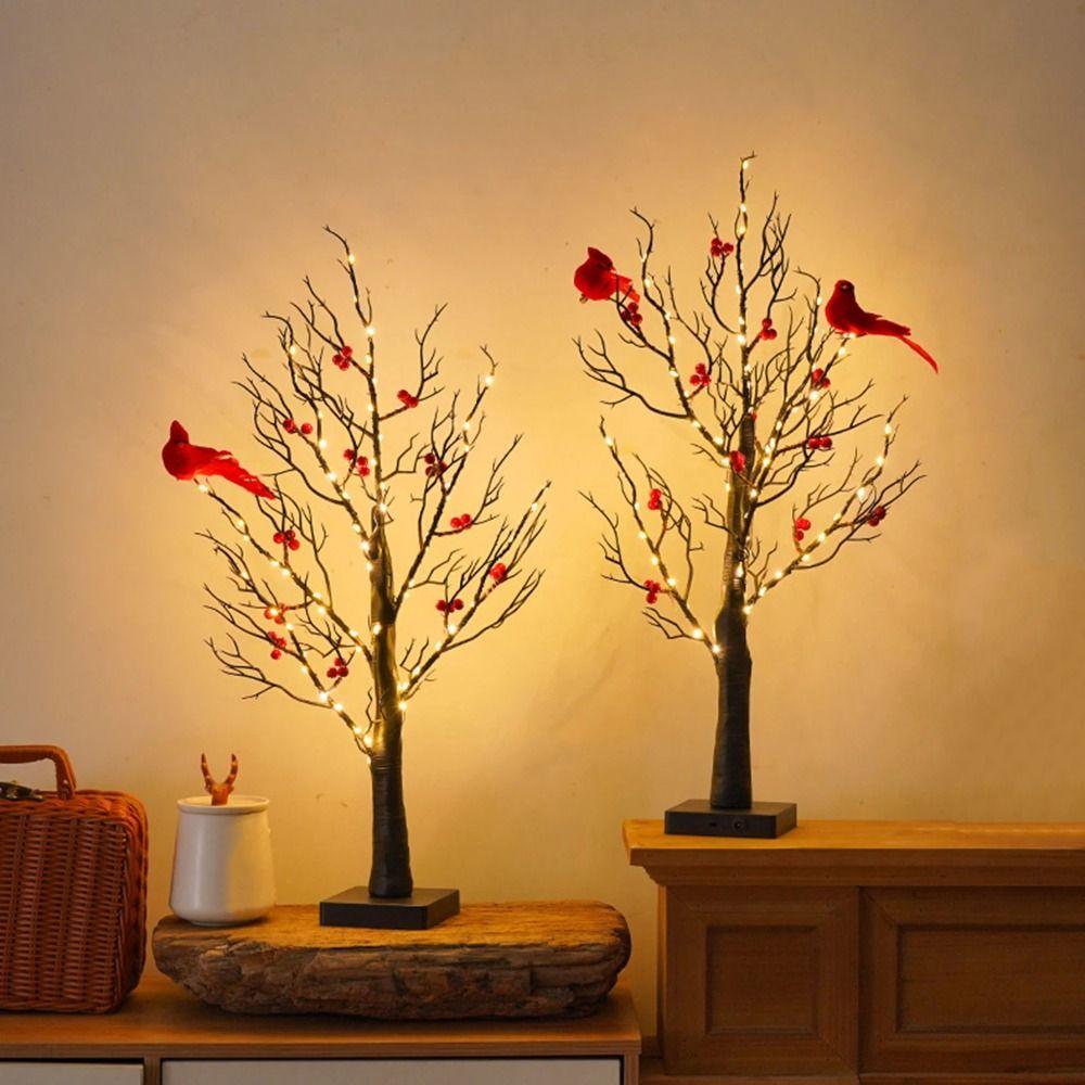 Red Berry Decoration Vintage Glowing Tree Bird Twinkle Tree Lamp  Home Table Decoration