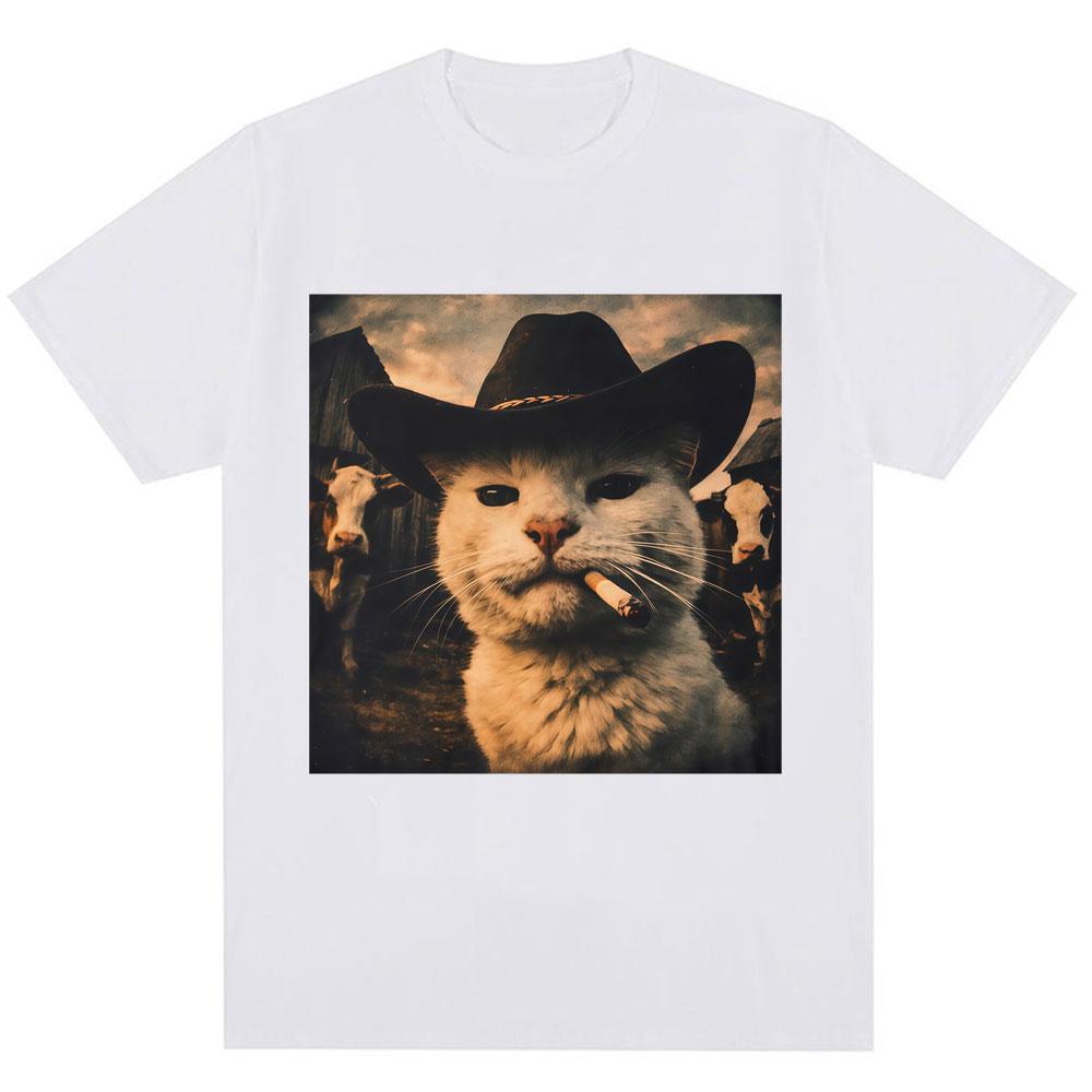 Funny Cowboy Cat Meme Graphic T Shirts Unisex Fashion Kawaii Vintage Tshirt Oversized Casual High Quality Tshirts