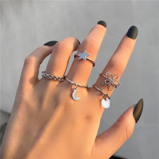 6pcs Vintage Gothic Butterfly Angle Flower Multi Element Ring Set For Women Men Retro Personality Finger Ring Gifts