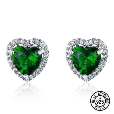 925 Sterling Silver Earrings Heart Created Nano Emerald Stud Earrings For Women Accessories Anniversary Fine Jewelry