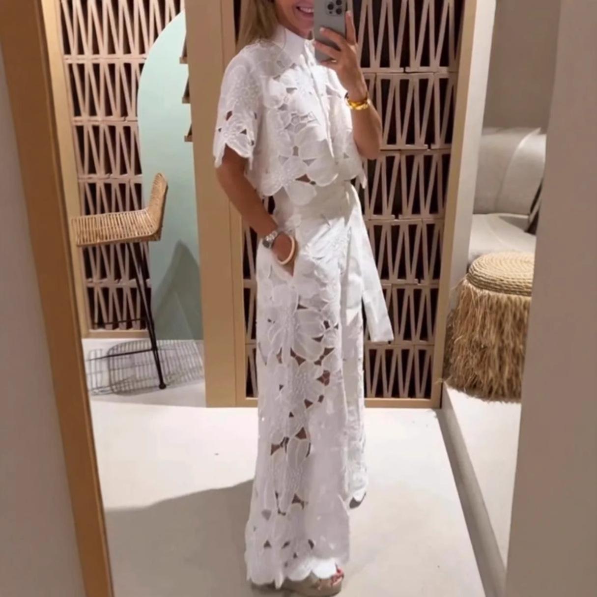 

2025 лето новый европейский и американский однотонный сексуальный ажурный кардиган топ брюки широкие штанины комплект из двух предметов женский XL белый