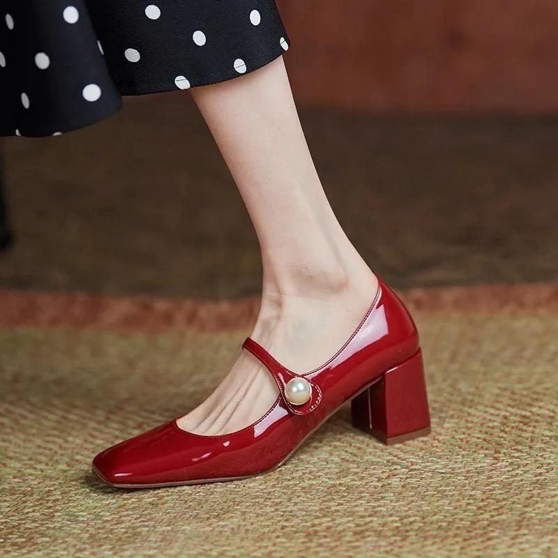 Fashion Retro Thick Heel Leather Pearl Buckle Mary Jane Shoes Ladies Designer Soft Sole Women's High Heels Fashion Casual Pumps Ladies