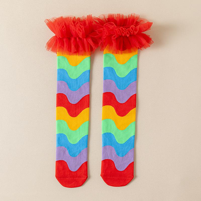 Rainbow Color Patchwork Girls Stockings Ruffles Party Children Princess Socks Fashion Soft Kids Long Socks 03