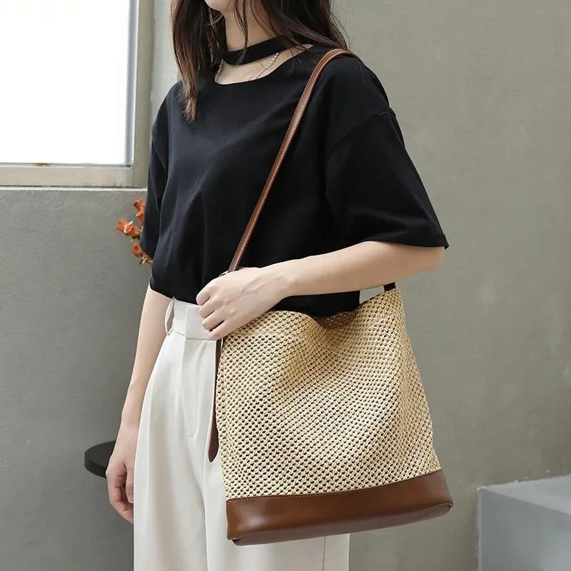 Female Vacati Beach Grass Woven Handbag Lady Leisure Splicing Independent Inner Package Shoulder Bag Women Woven Crossbody Bag