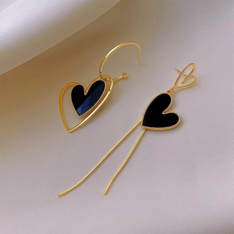 Asymmetric Black Zircon Stud Earrings For Women Hollow Round Love Heart Geometric Earring Wedding Party Unusual Jewelry Gifts