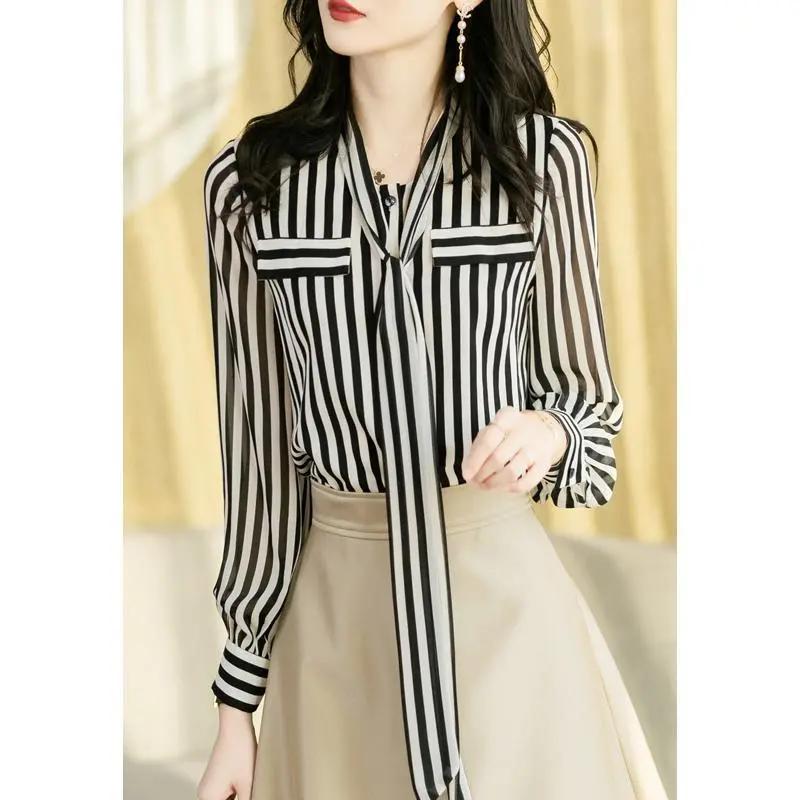 Women's Spring/Fall Bow-Front Blouse Lightweight Striped Long-Sleeve Shirt French-Style Shirt Design