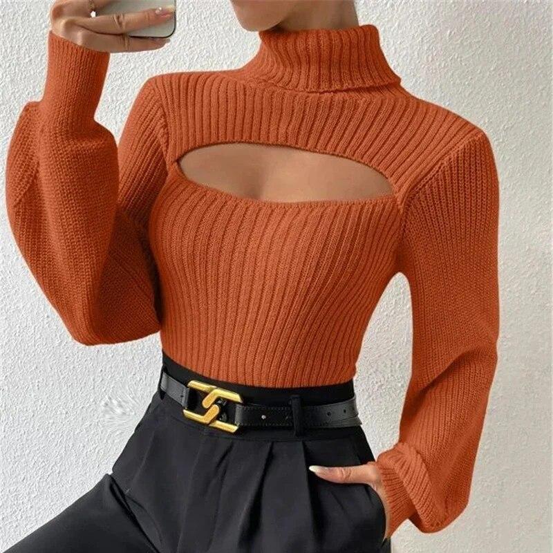 Moda Dolcevita Hollow Outwear Top Autunno/Inverno Manica Lunga Tinta Unita Pullover Casual Spesso Slim Sexy Maglione Sueter