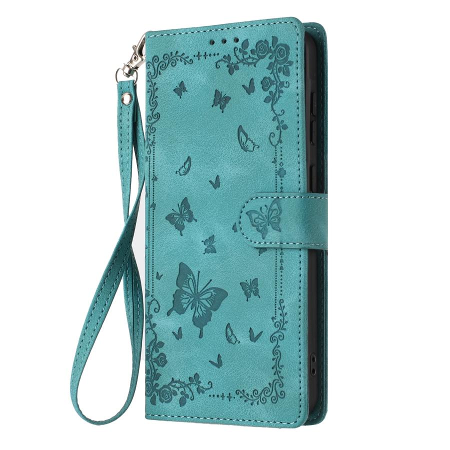 Retro Embossed Flower and Butterfly Phone Case for iPhone 17 16 15 Skin Feel PU Leather Card Slots Wallet Case with Wristband for Samsung S25 S24 S23