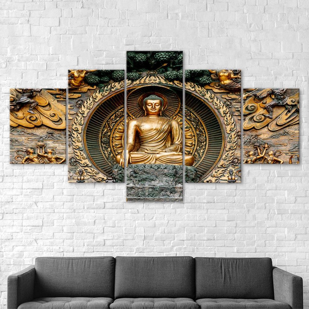Buddha Statue Sculpture Canvas 5 Piece Wall Print Five Panel Modern Art Poster Picture Home Decor Gift For Him For Her