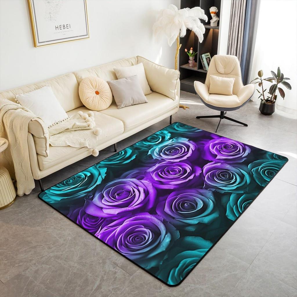 Blue Rose Flower on Black Background Non Slip Mat Area Rugs Floor Carpet for Kitchen Bedroom Living Room Decoration for Kids