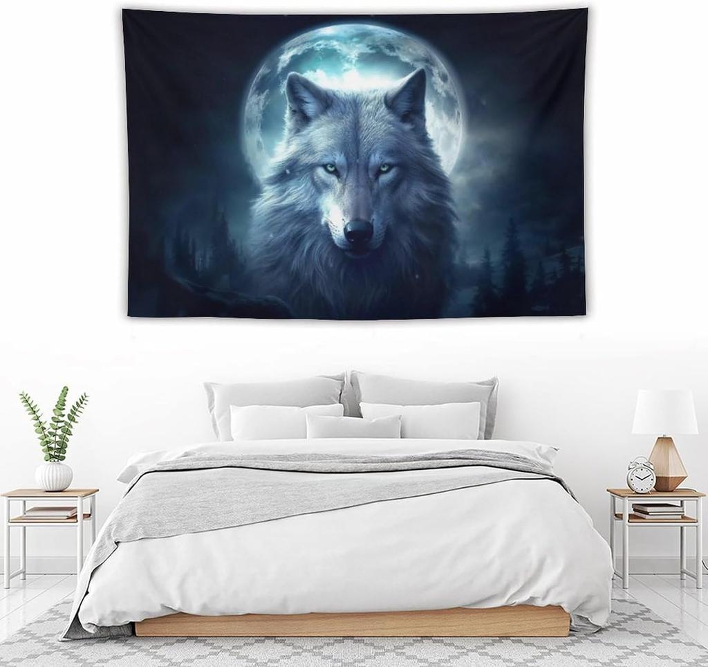 Mystic Wolf & Moon Tapestry,Night Forest with Glowing Full Moon & Gray Wolf Print,Wall Hanging for Dark & Nature Aesthetic Decor