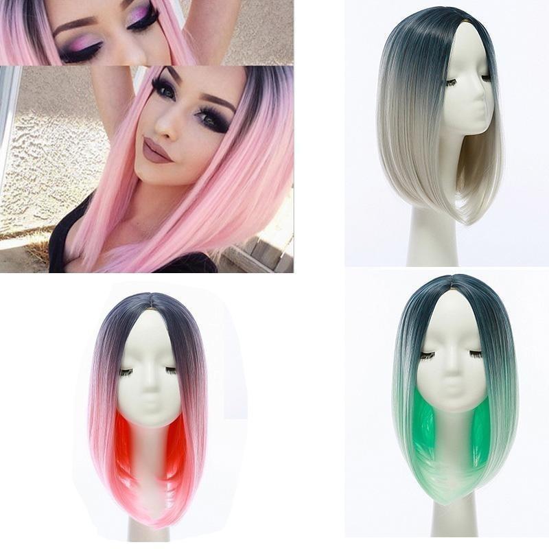 Baby Pink Short Bob Synthetic Wig Straight Pastel Hair Sexy Cute Color Women Trendy Wigs With Black
