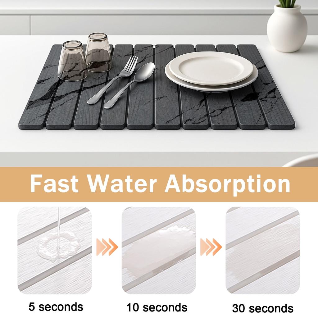 Large Diatomite Drying Mat for Dishes, 24x16 Inch Foldable Non-Slip Kitchen Counter Mat, Fast Absorbing & Antibacterial Sink Pad