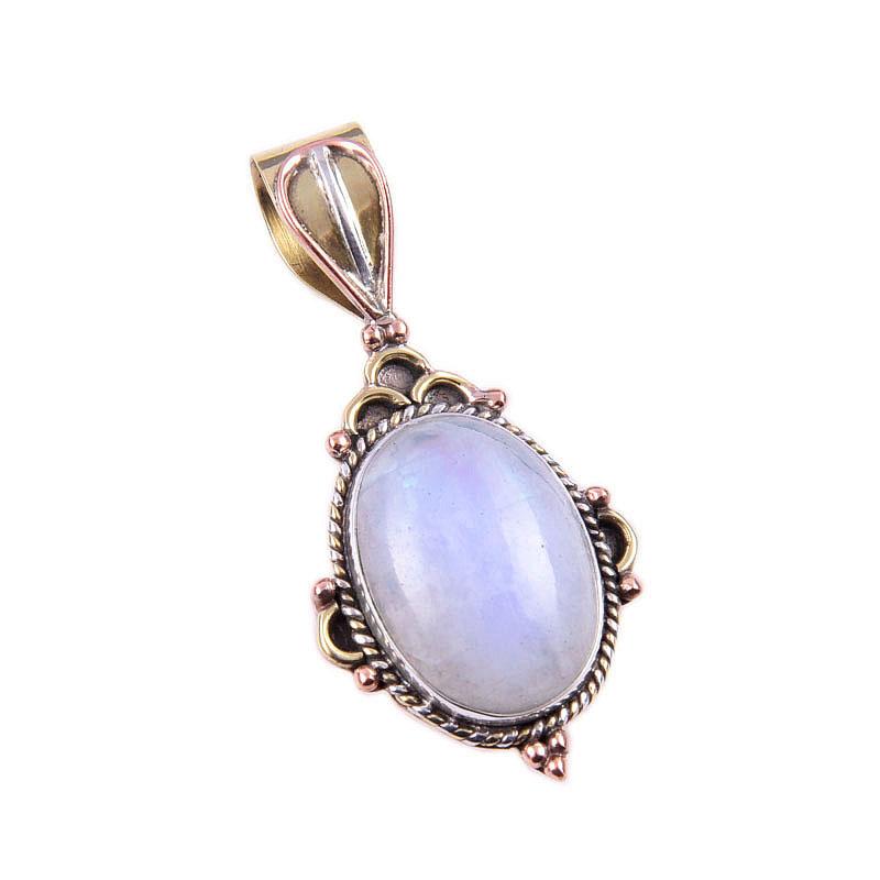 Natural Rainbow Moonstone Gemstone 925 Solid Silver Two Tone Pendant 1.50" N3t68
