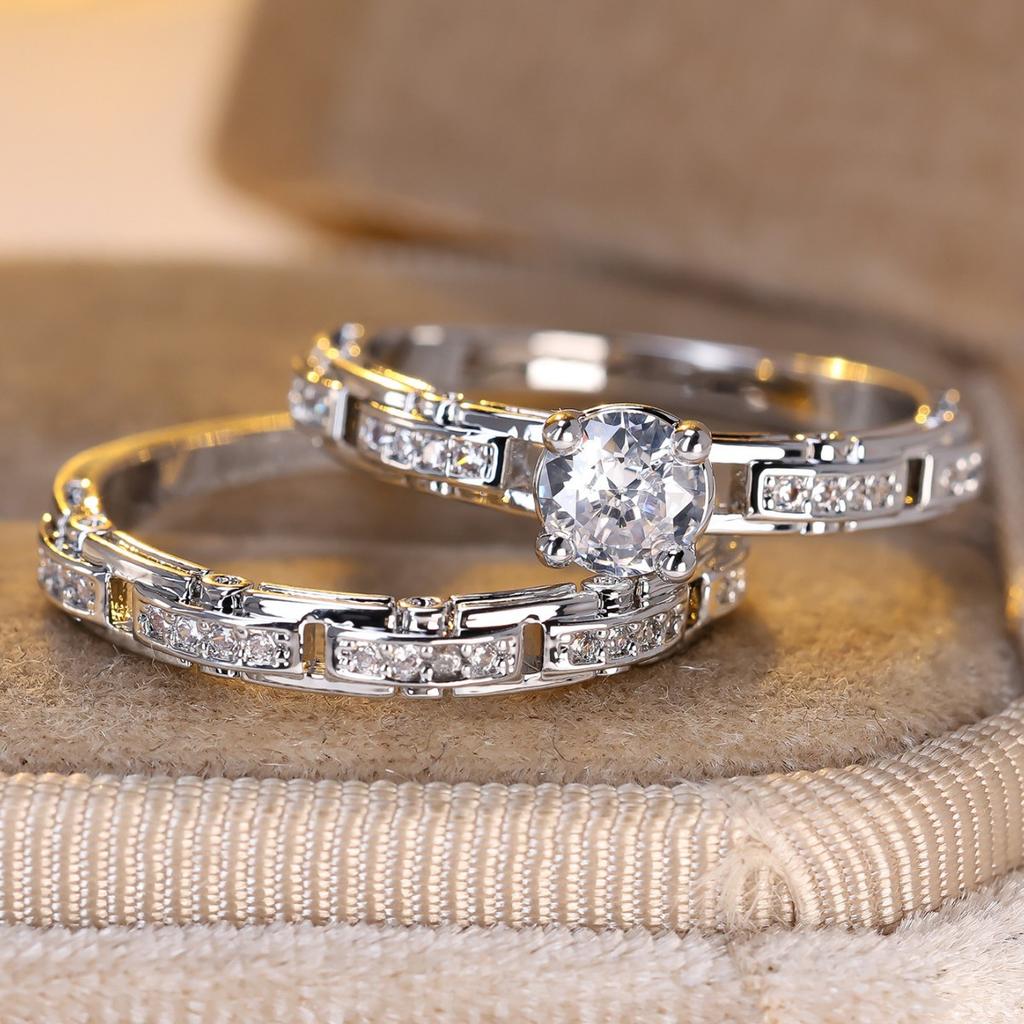 Jewelry Gold Four Claw Round Diamond Watch with Chain Set Ring European and American Mens and Womens Set Ring