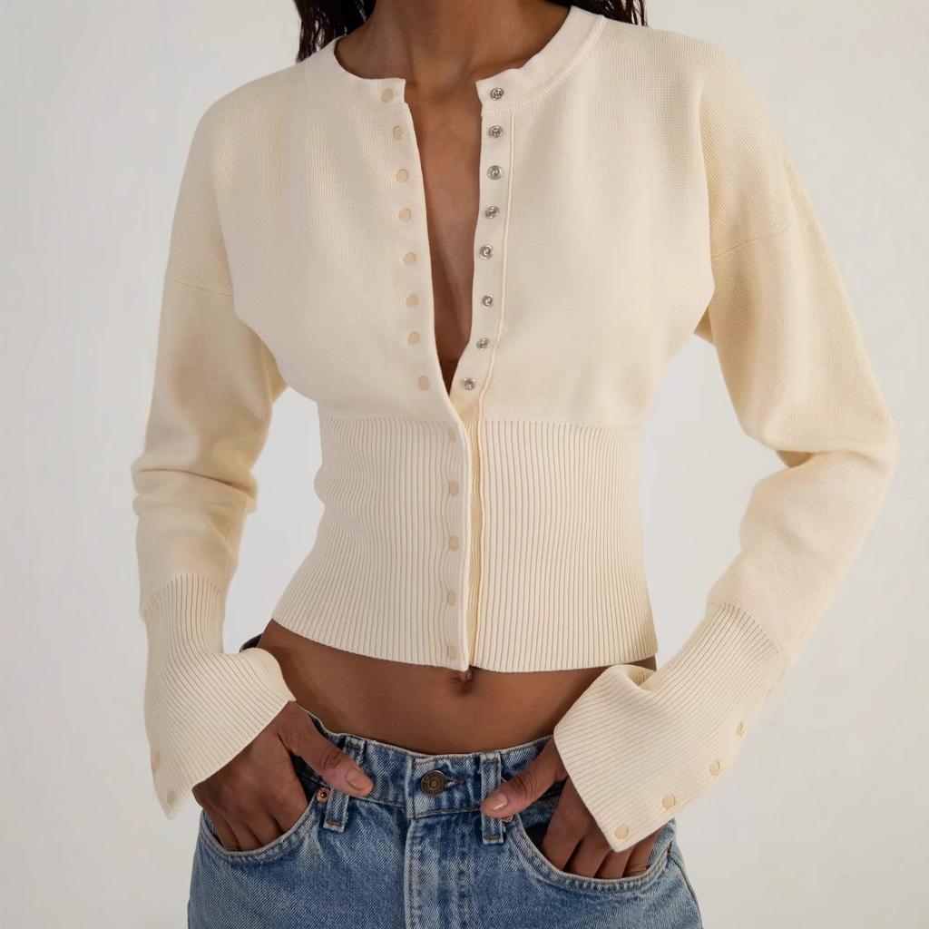Women's Fitted Waist Single Breasted Button Round Neck Long Sleeve Knit Cardigan Cropped Sweater Top