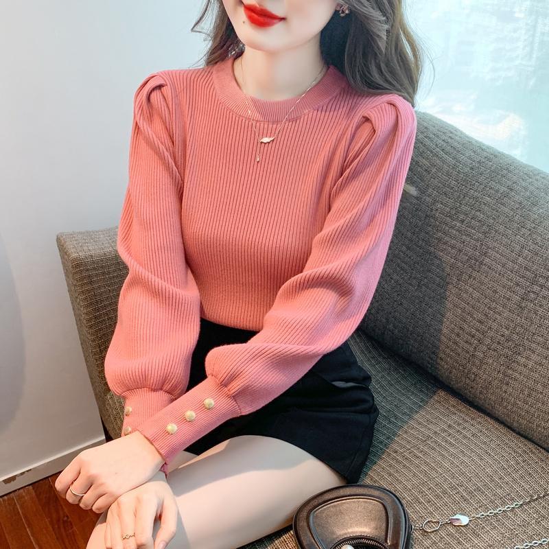 Fashion Autumn Winter Women Sweaters Solid O-Neck Slim Puff Long Sleeve Female Clothing Rose Pink Knitted Casual Pullover Tops