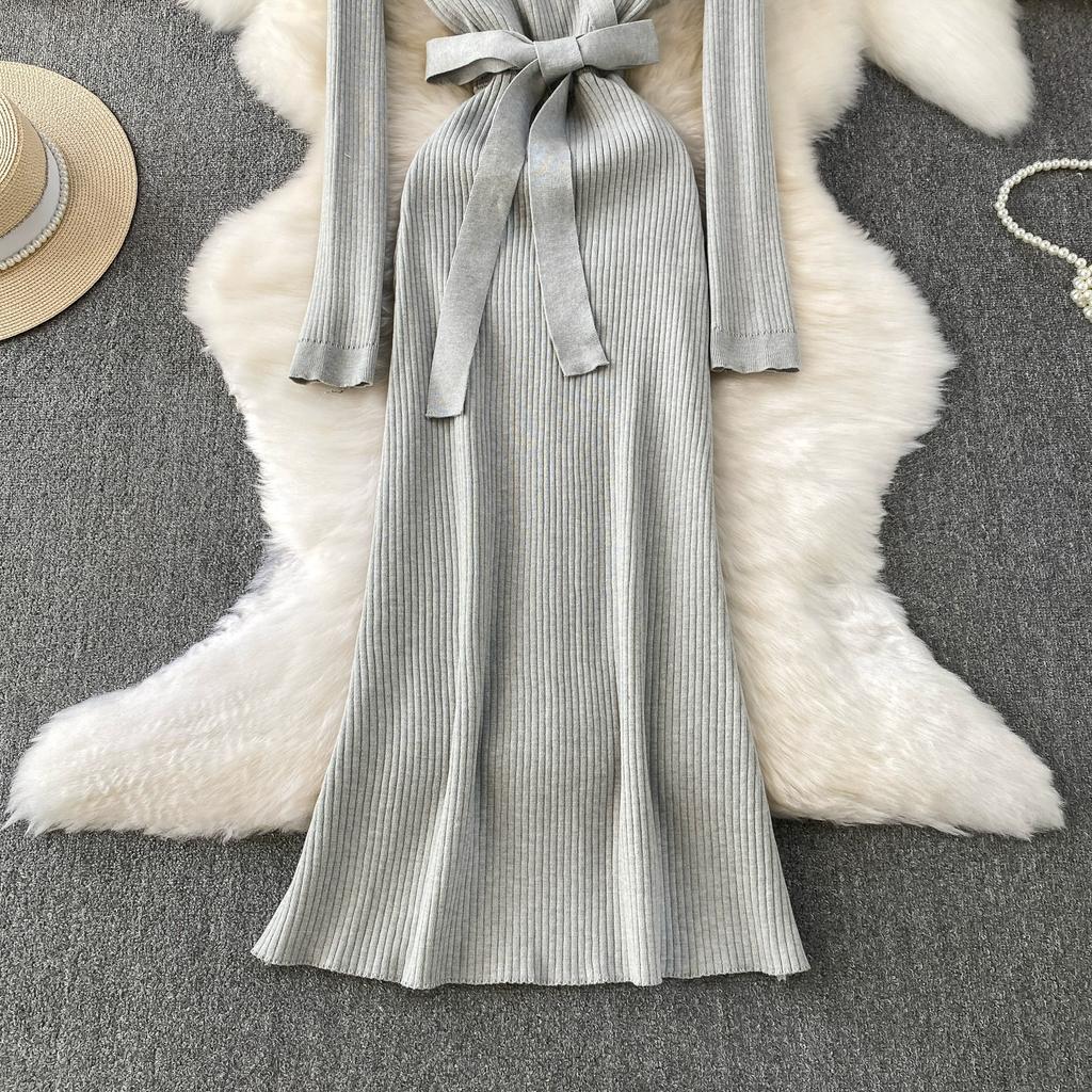 Podzim Zima Dámské Elegantní Svetr s V-výstřihem a Dlouhým Rukávem Pletený Pulovr Dlouhé Midi Šněrovací Županové Šaty