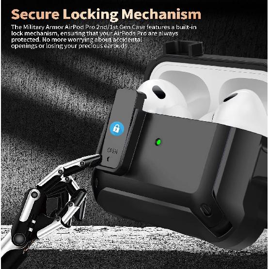 Olytop for Airpods Pro 2 Gen/Pro Case Lock with Cleaner kit&Replacement Ear Tips(S/M/L), Rugged Air Pod Pro 2nd/1st Generation Protective Cover for