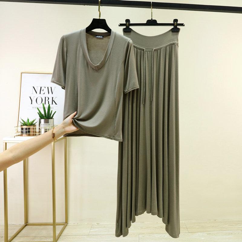 

Plus size M to 6XL Modal Pajamas sets U Neck short sleeved Tshirt and high waist strawstring long Skirt Lounge Set Sleepwear Casual 2 Piece homewear 2XL