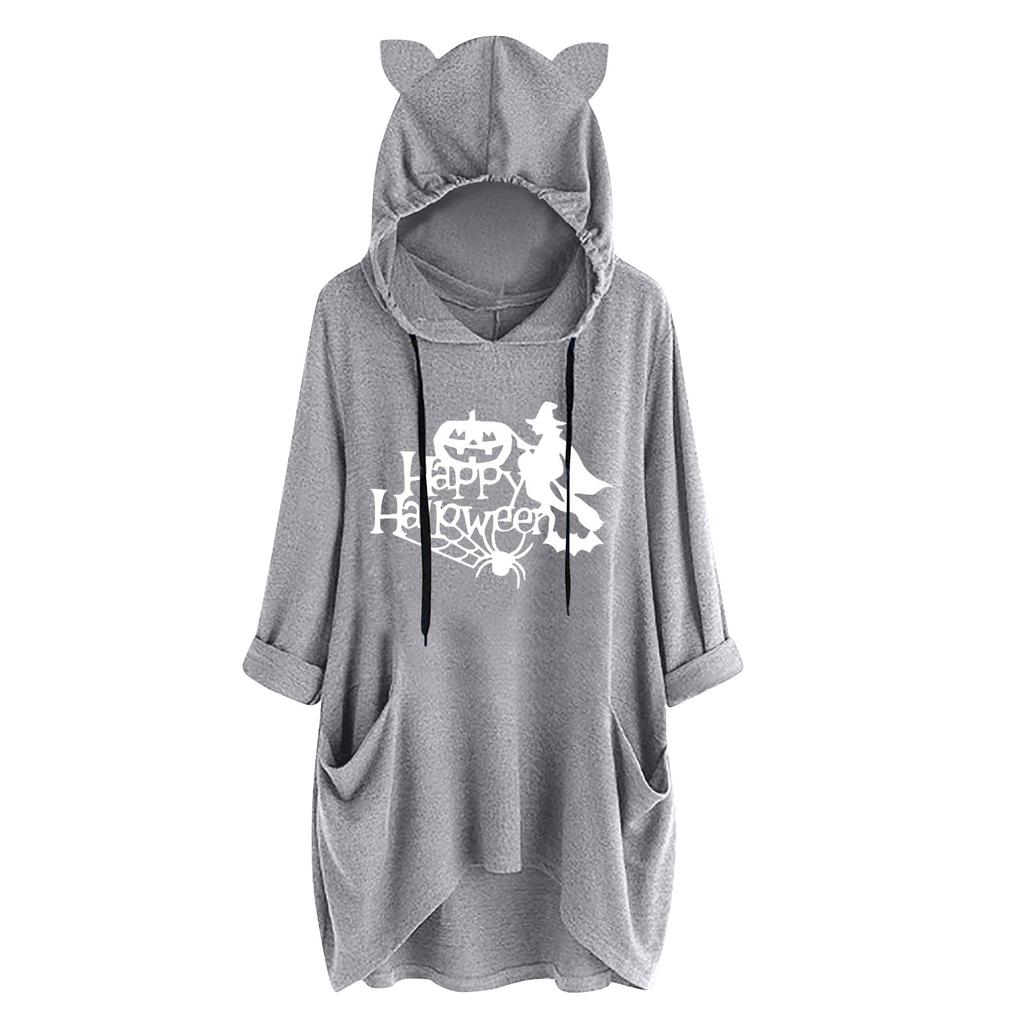 Fashion Women Casual Halloween  Print Hooded Long Sleeve Pocket Shirt Top