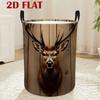 A Round Laundry Basket with a Wooden Deer Head Pattern, Featuring a Vintage Forest Style Design In 2D. It Is a Large-Capacity, Foldable Polyester Stor