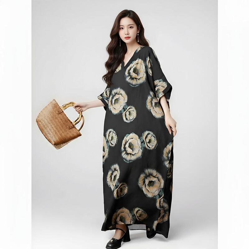 Aiyilian Batwing Sleeve Printed Long Dress