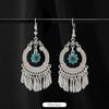 Retro Handmade Miao Silver Fringed Earrings Inlaid Turquoise Long Earrings Female Exotic Yunnan Dance Earrings