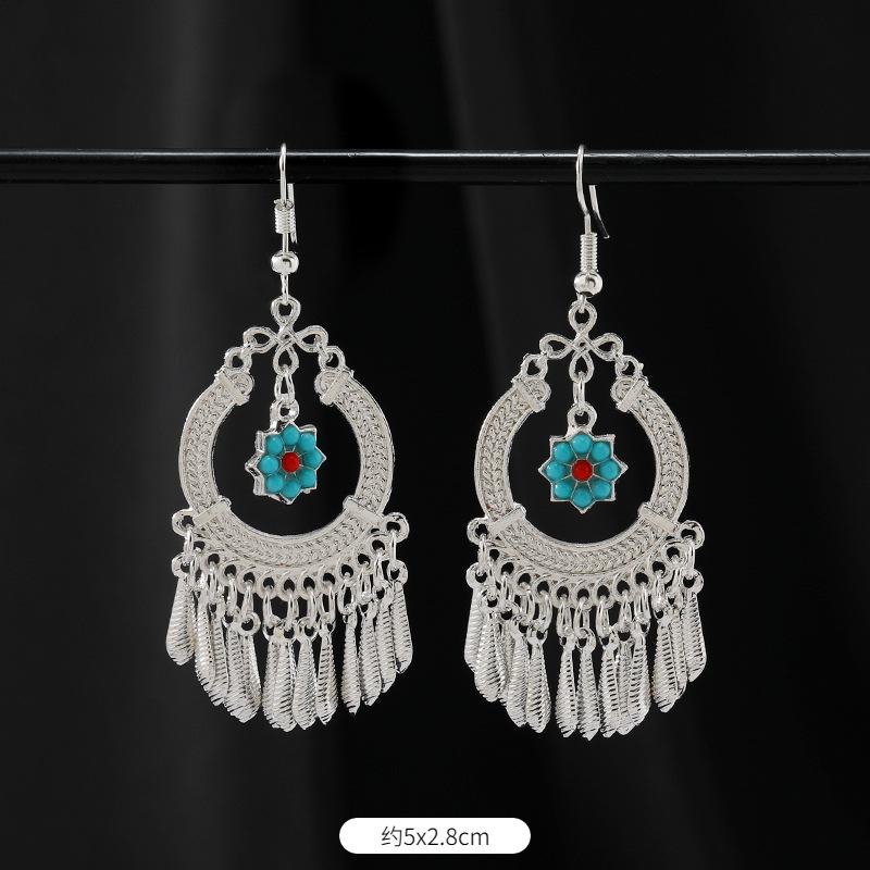 Retro Handmade Miao Silver Fringed Earrings Inlaid Turquoise Long Earrings Female Exotic Yunnan Dance Earrings