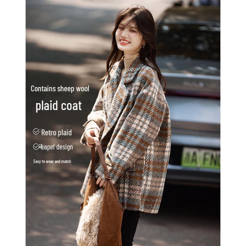 

Shangjing Women s Plaid Color-block Padded Mid-length Woolen Coat XL
