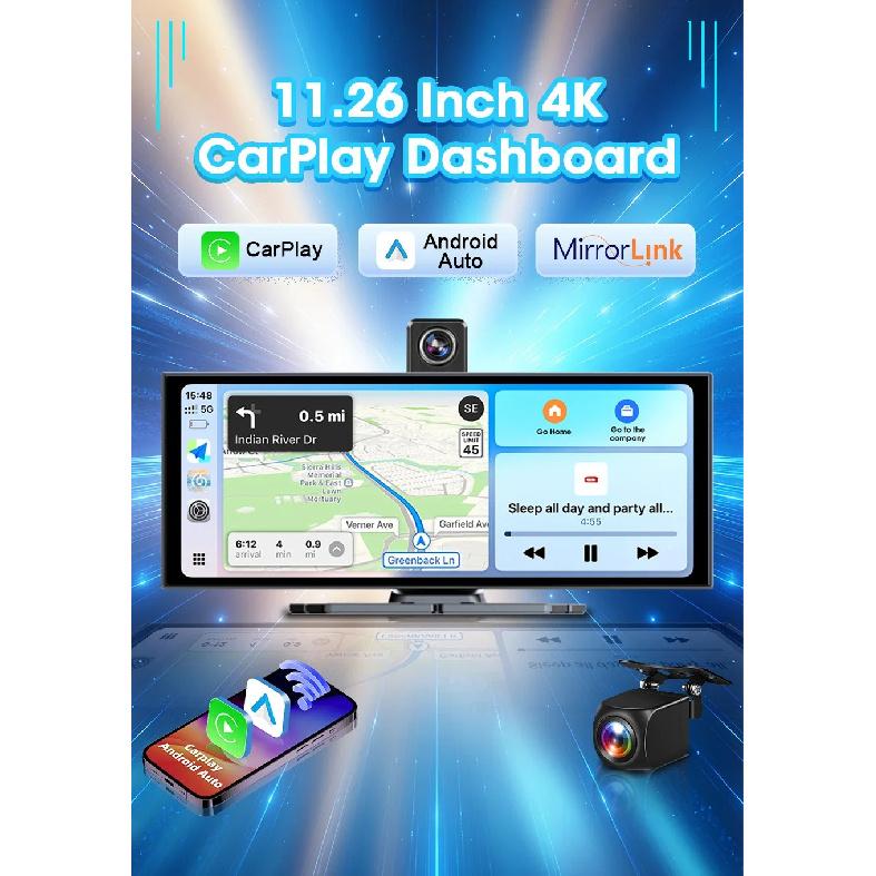 11.26 inch ADAS Car DVR 4K Dash cam Wireless Carplay Android Auto Bluetooth Dashboard Video Recorder Siri Voice Control FM AUX