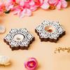 Set of 2 White Brown Wooden Floral Printing Block Decorative Tea Light Candle Holders, Diya Stands - Tea Light Holders - Christmas Diwali Decoration