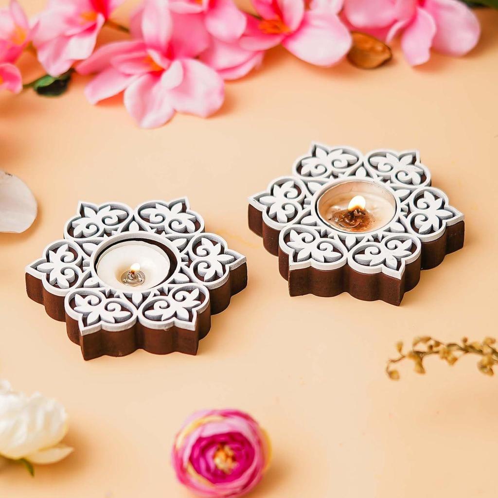 Set of 2 White Brown Wooden Floral Printing Block Decorative Tea Light Candle Holders, Diya Stands - Tea Light Holders - Christmas Diwali Decoration