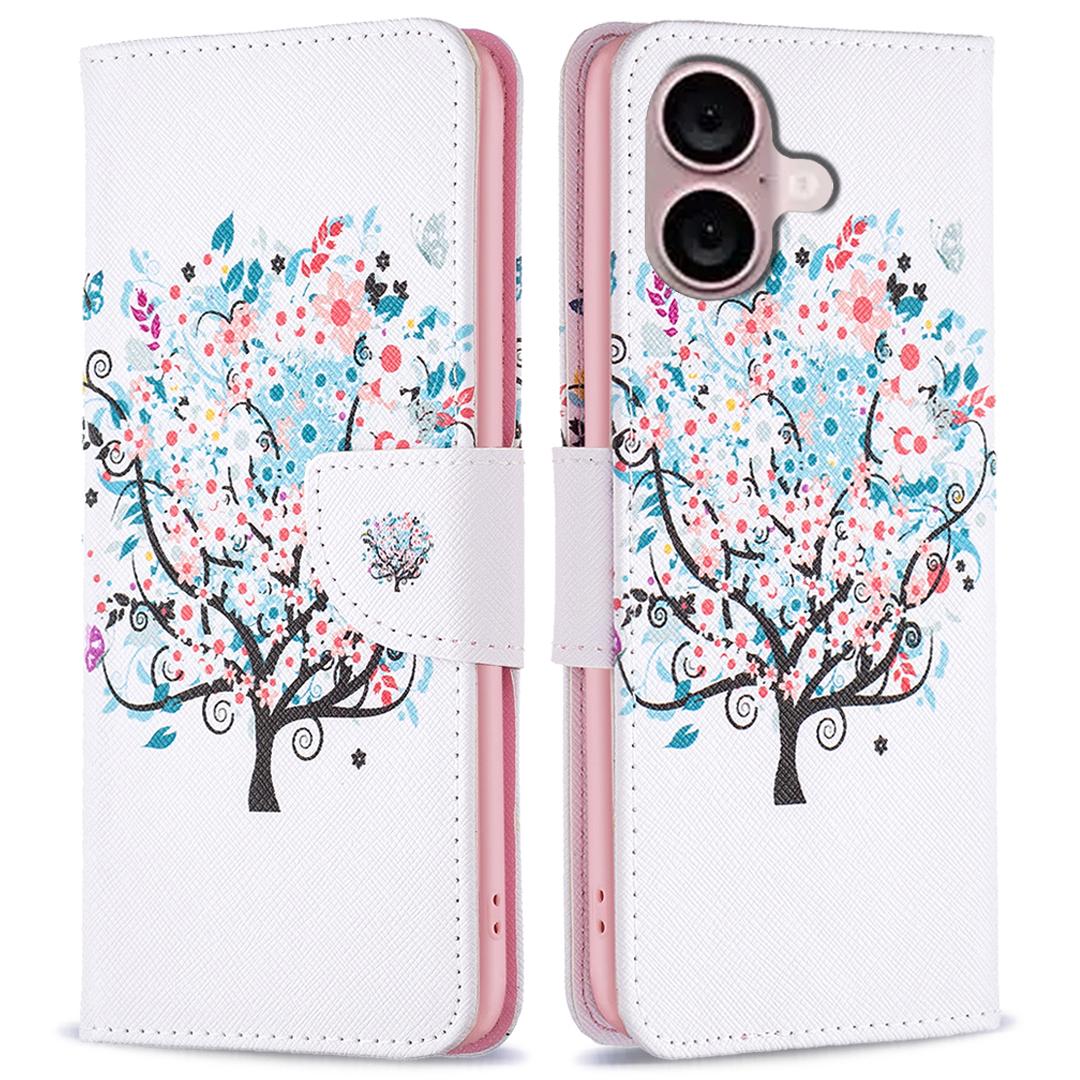 

For iPhone 16 Leather Case Pattern Printing Wallet Stand Anti-Fall Phone Cover Flower Tree