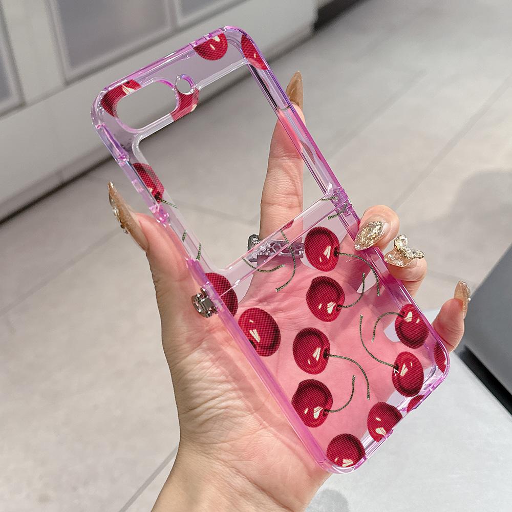 Summer Fruit Cherry Pattern Metal Connector Phone Case for Samsung Galaxy Z Flip3 Flip4 Flip5 Flip6 Flip7 Candy Color Soft TPU