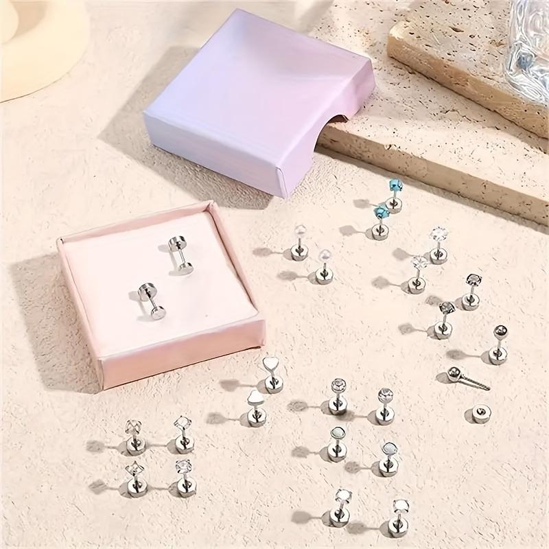 12 Pairs Stainless Steel Earrings Hypoallergenic 20G Medical Steel Cartilage Opal CZ Pearls Sleeping Earrings