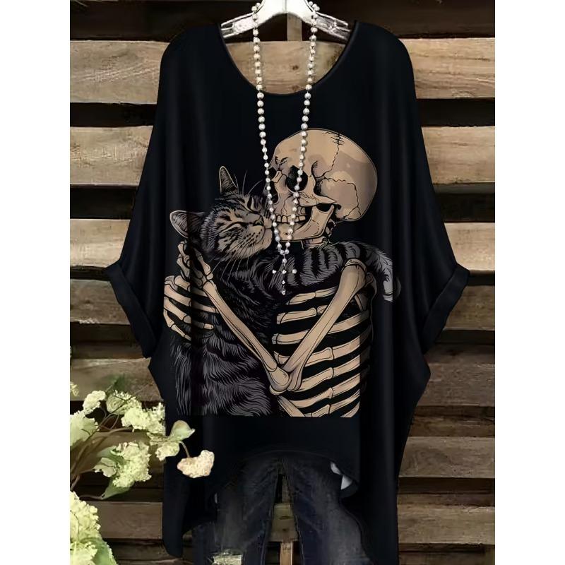 Damen T-Shirt Gothic Stil Bohemian Totenkopf Druck Locker Unregelmäßiger Saum Rundhalsausschnitt Kurzarm Shirt Oversize Y2k Sommerkleidung