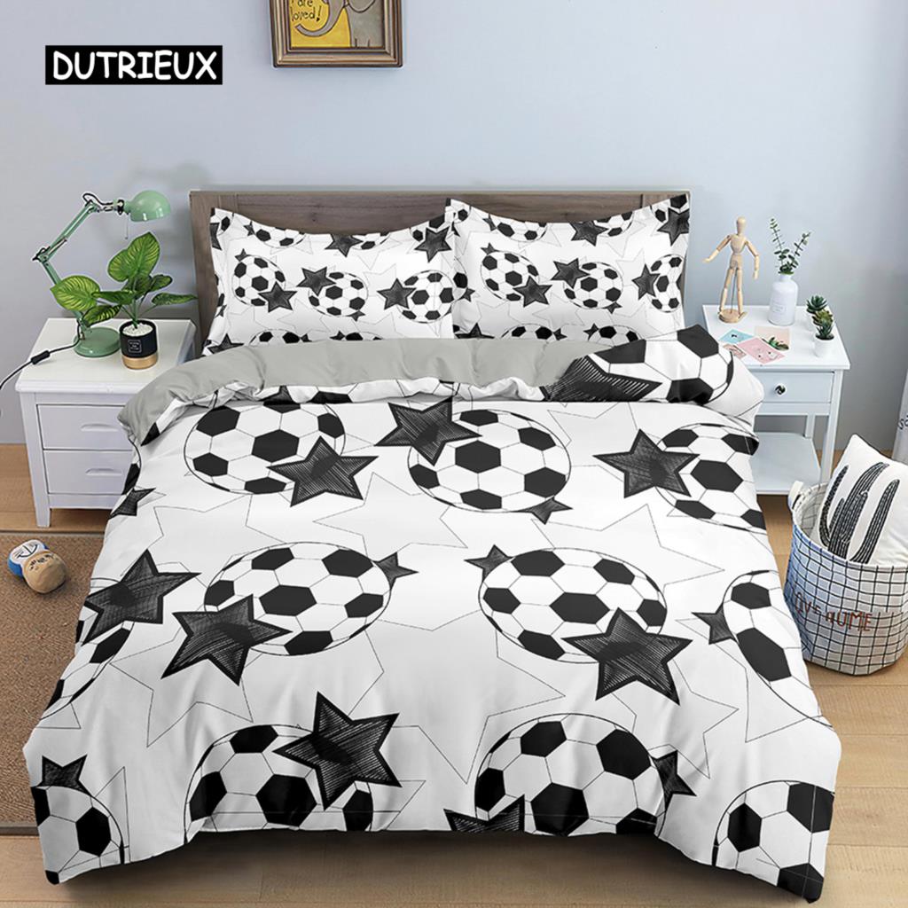 Set de cuvertură de pilota fotbal Set de lenjerie de pat fotbal pentru băiat, adolescent, din microfibră, cu tema sportivă, husă de cuvertură, model de minge de fotbal, husă de pilota