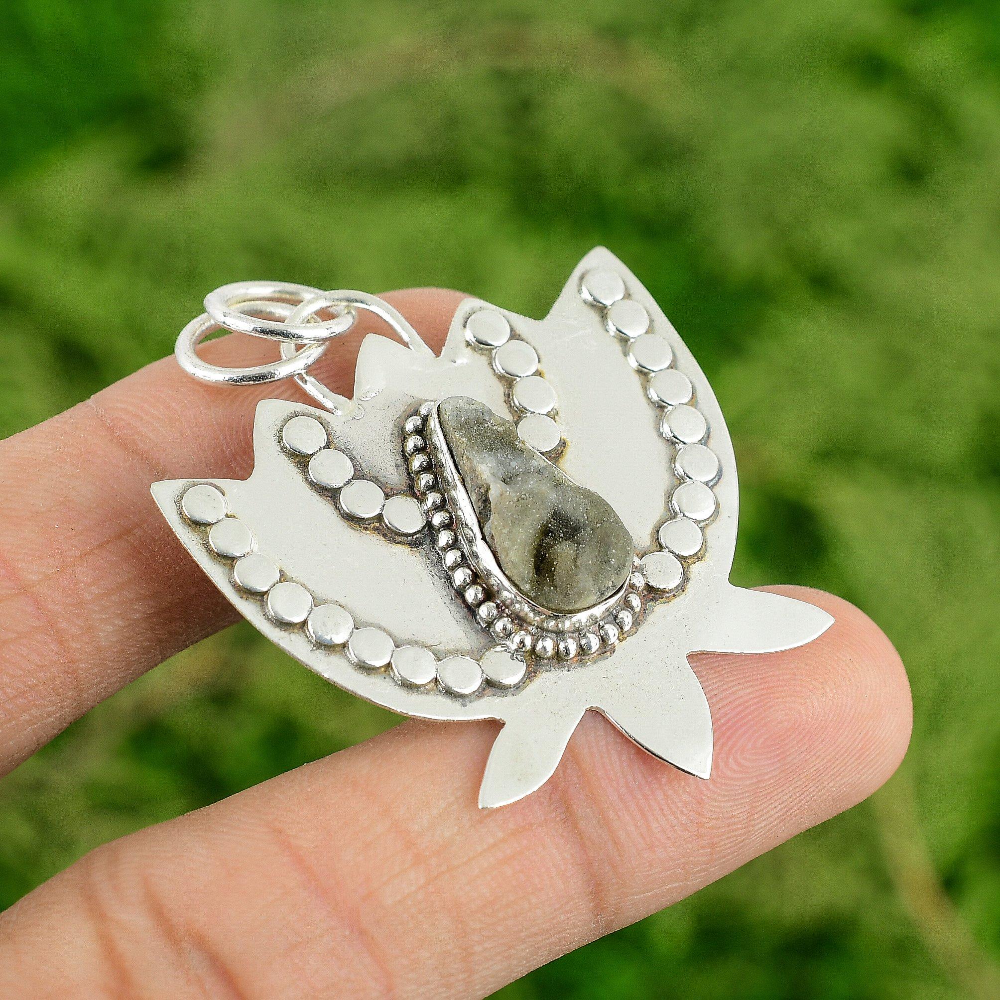 

Daughters Day Deal Pear Natural Geode Agate Druzy Lotus Pendant Sterling Silver