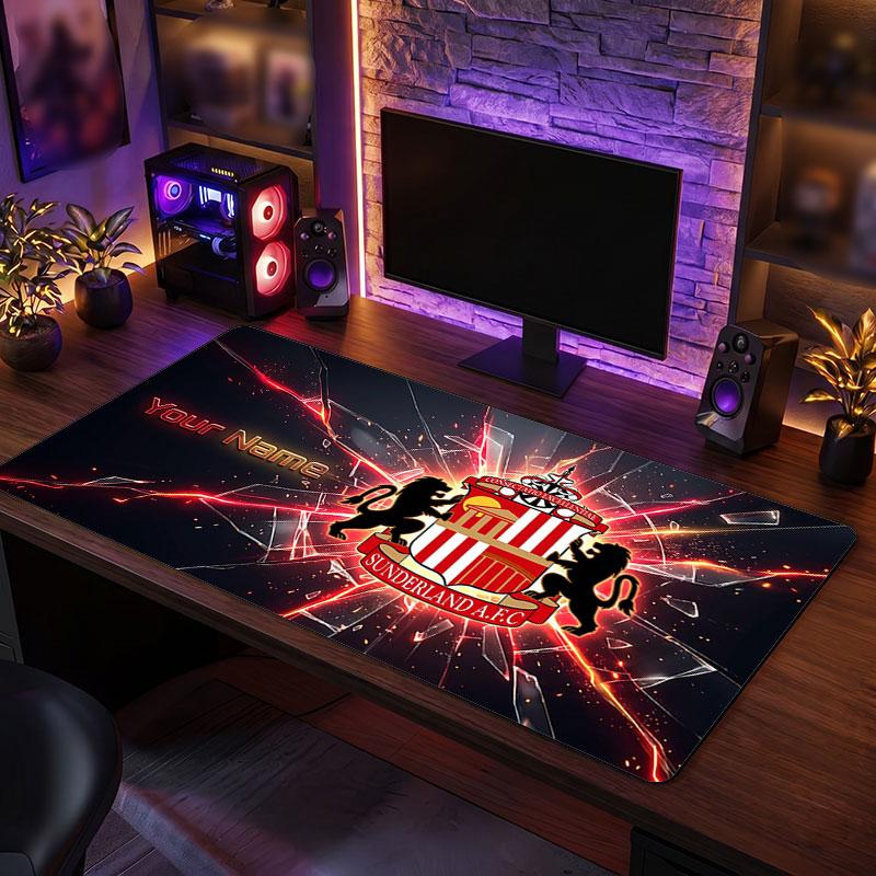 Sunderland FC Custom Large Mouse Pad, Personalized Name Text Print, Football Logo Non‑Slip Desk Mat Gaming Gift