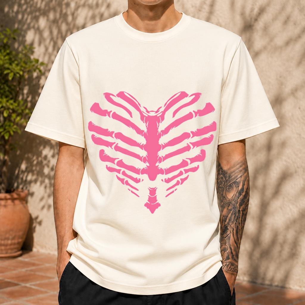 2026 New Cotton Tshirt Punk Style Rib Heart Skeleton Personalized Print Top Casual Short Sleeve
