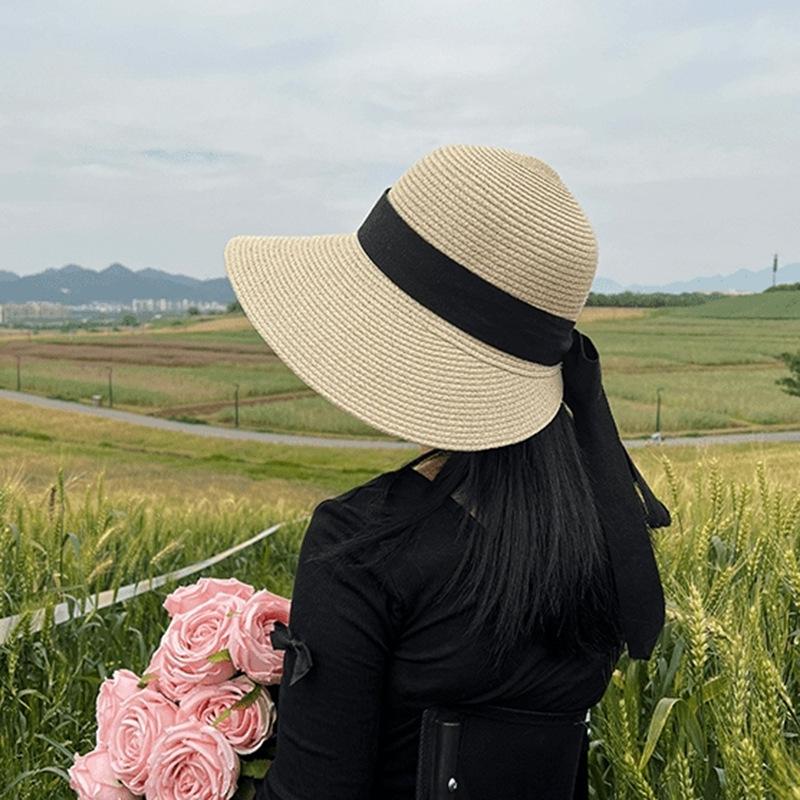 Large Brim Sun Hat Children'S Summer French Elegant Bow Webbing Straw Hat Versatile Sunscreen Visor