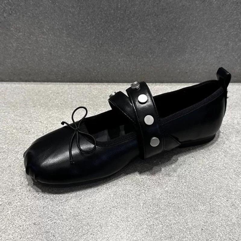 Flat Shoes for Woman Retro Style Round Head Ballet Shoes Women's Rivet 2026 New Spring Bow Shallow Mouth Flat Mary Jane Shoes