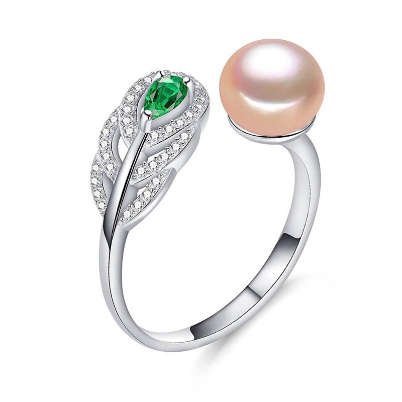 Fenasy Natural Freshwater Pearl Rings For Women Dainty Bohemia Green Crystal Feather Adjustable Ring