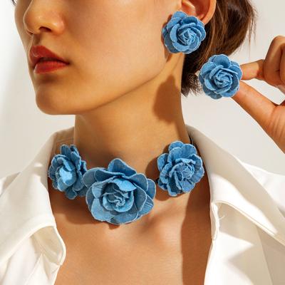 Three-dimensional Flower Neck Chain Choker Rose Necklace Collarbone Chain Fabric Design Stud Earrings Jewelry