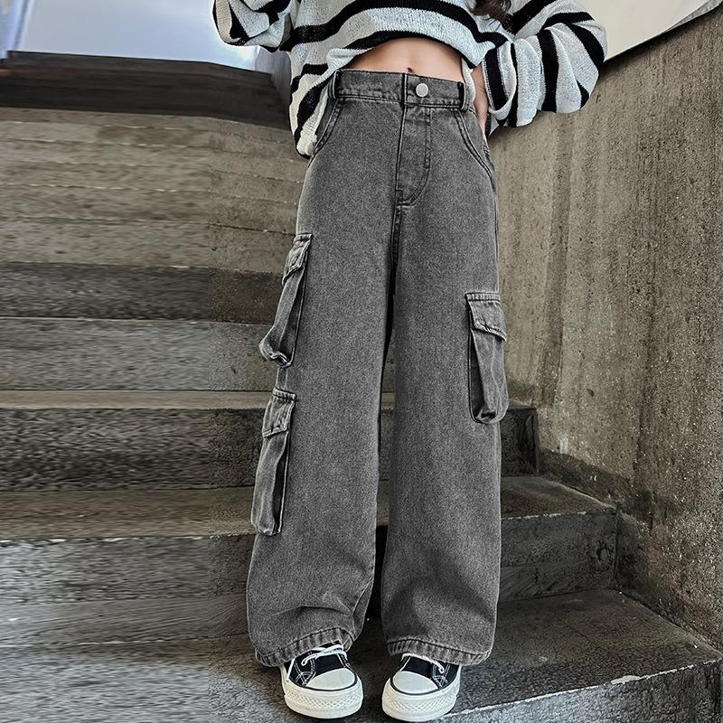 Pantalones vaqueros cargo de pernera ancha para adolescentes, moda de primavera-otoño, pantalones vaqueros casuales para niños, escuela, niños pequeños, pantalones rectos holgados, 15Y