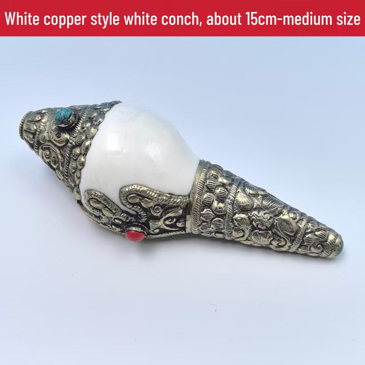

Nepalese Handmade Copper-Wrapped Buddhist Conch Shell Ornament with Eight Offerings Design