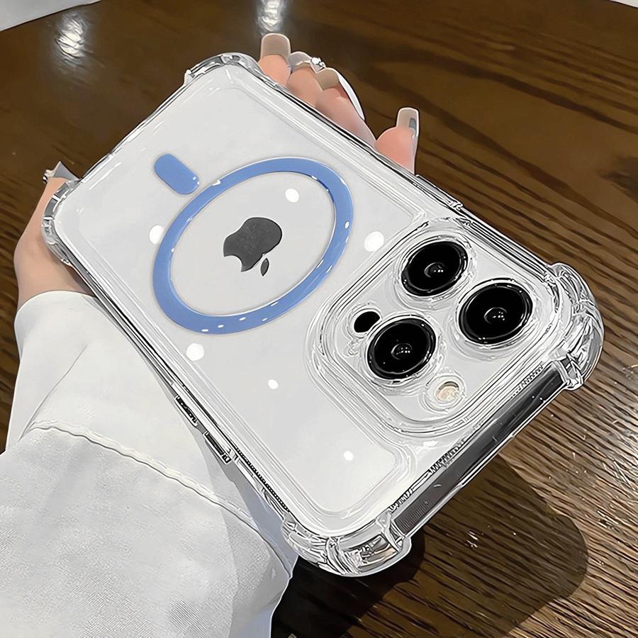 

Роскошный прозрачный магнитный чехол для телефона с беспроводной зарядкой для iPhone 16 Pro Max 15 Plus 14 Pro 13 12 11 противоударный бампер задняя крышка iPhone 14 синий